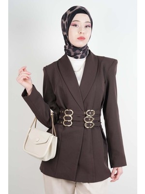 Tesettür Ceket 3 Kemer Detaylı Kol Vatkalı Blazer Ceket Kahverengi