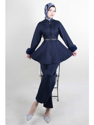 Tesettür Takım Kol Seyyar Kürklü Bel Kemerli Scuba Ikili Takım Lacivert