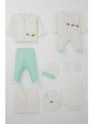 Breeze Erkek Bebek Hastane Çıkışı 8 Li Renkli Araba Nakışlı 0-3 Ay, Ekru