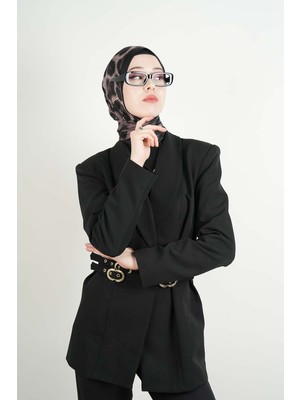 Tesettür Ceket 3 Kemer Detaylı Kol Vatkalı Blazer Ceket Siyah