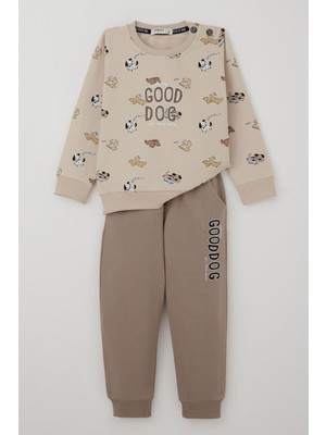 Breeze Erkek Bebek Eşofman Takım Sevimli Köpekçikler Desenli 9 Ay-3 Yaş, Bej