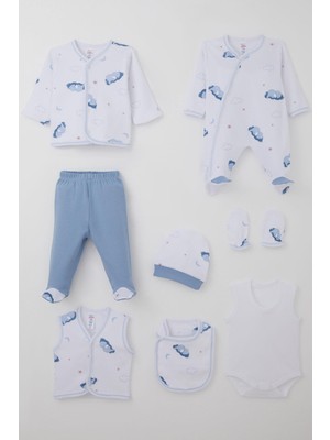 Breeze Erkek Bebek Hastane Çıkışı 8 Li Gökyüzü Temalı Sevimli Uykucu Fil Desenli 0-3 Ay, Beyaz