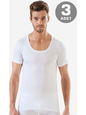 Erkek Beyaz Fanila Bisiklet Yaka Kısa Kollu Tişört 3 Adet %100 Pamuk Penye