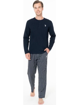 U.s. Polo Assn. Erkek Lacivert Pijama Takım, %100 Pamuk, Alt Çizgili, Üst Düz Renk ve Düğmeli-Lacivert-2xl