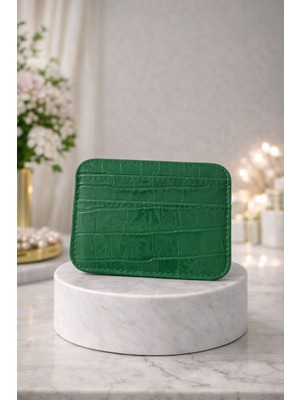 Huma Butik Takı Aksesuar Yeşil Kroko Desenli 5 Kart Bölmeli Ince Kartlık