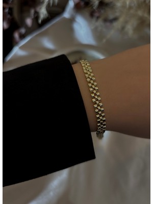 Crown Pirinç Üzeri Altın Kaplama Hasır Bileklik