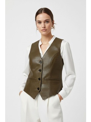 Deriderim Carla Haki Yeşil Hakiki Deri Kroko Kadın Yelek