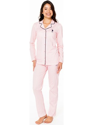 U.s. Polo Assn. Kadın Çizgili %100 Pamuklu Mevsimlik Gömlek Yaka Uzunkol Pijama Ev Giyim-Pembe-2xl