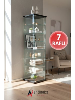7 Raflı Cam Vitrin Dolap Gümüşlük Koleksiyon Sergi Kitaplık Kapaklı Büfe Mutfak Raflı Vitrin Detolf