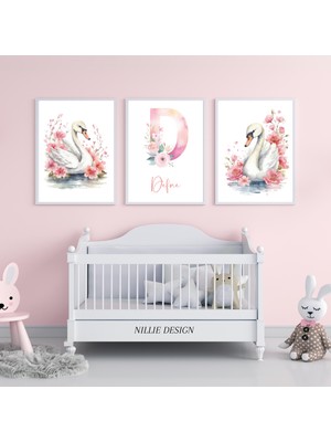 Nillie Design Pembe Çiçekli Kuğular 3'lü Isimli Tablo, Doğal Ahşap Çerçeveli Bebek ve Çocuk Odası Tablo Seti