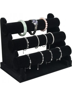 Özer Kutu Üç Katlı Süet Saat,bileklik,takı Standı (Siyah Süet )