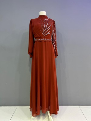 Miss Elegans Taşlı Şifon Kiremit Abiye