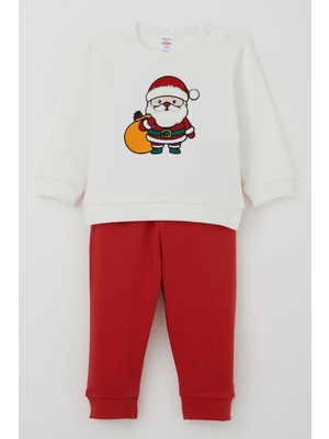 Breeze Erkek Bebek Pijama Takımı Omuzdan Patlı Yılbaşı Temalı Noel Baba Nakışlı 4 Ay-1 Yaş, Ekru