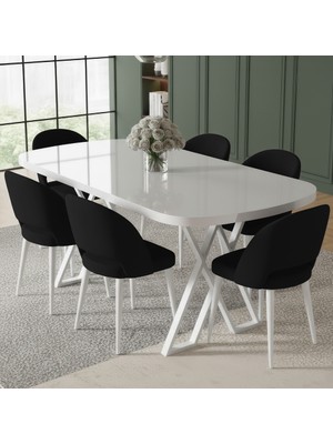 Canisa Arvon Serisi Mdf 90X168 Sabit Beyaz Mutfak Masa Takımı 6 Siyah Sandalye