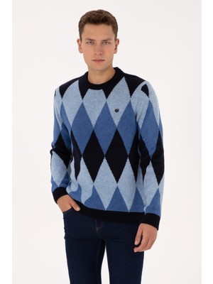 U.S. Polo Assn. Erkek Comfort Fit Bisiklet Yaka Baklava Desenli Lacivert Kazak 50314947-VR033