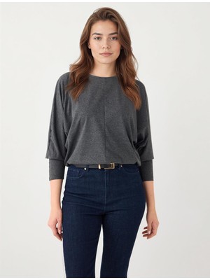 Jimmy Key Antrasit Melanj Rahat Kesim Yarasa Kol Sıfır Yaka Örme Bluz