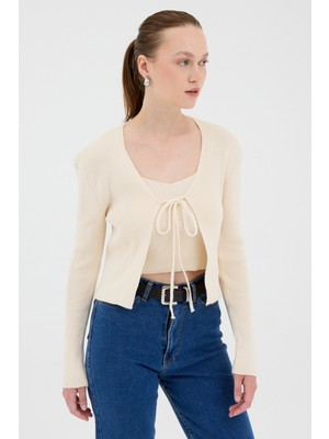 Rays Natural Ön Bağlamalı Triko Hırka ve Askılı Bluz Takımı 7360