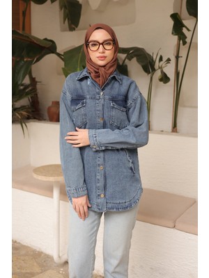 İmaj Butik Mavi Cepli Lazer Kesim Kot Ceket