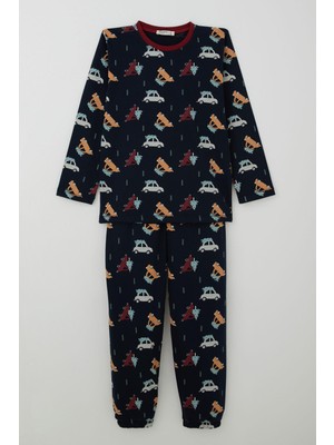 Breeze Erkek Çocuk Pijama Takımı Yılbaşı Temalı Çam Ağaçlı Araba Desenli 4-8 Yaş, Lacivert