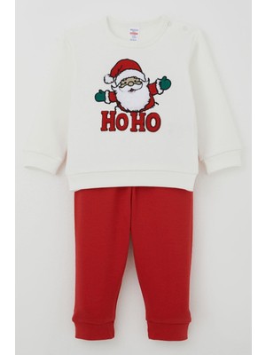 Breeze Erkek Bebek Pijama Takımı Omuzdan Patlı Peluş Sakallı Hoho Noel Baba 4 Ay-1 Yaş, Ekru