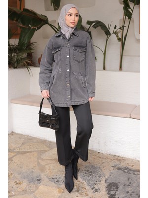 İmaj Butik Füme Cepli Lazer Kesim Kot Ceket