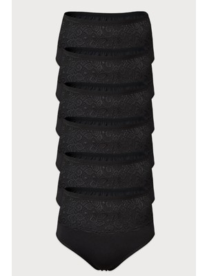 Malabadi Kadın Siyah 6'lı Paket Dantelli Modal Yüksek Bel Toparlayıcı Külot 6M1920