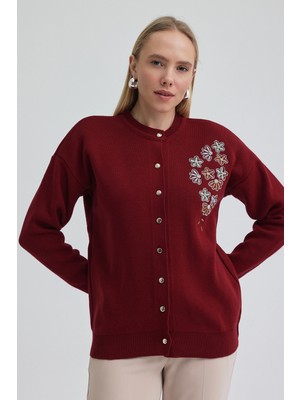 Valewoman Kadın Bordo Nakış Işlemeli Boncuklu Triko Hırka