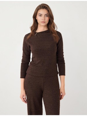 Jimmy Key Kahve Melanj Yuvaralak Yaka Uzun Kollu Metal Detaylı Bluz