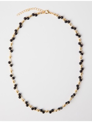 Jimmy Key Siyah Inci Detaylı Altın Kaplama Ayarlanabilir Kolye