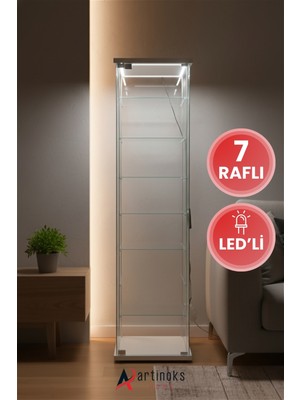 7 Raflı Ledli Cam Vitrin Dolap Gümüşlük Koleksiyon Sergi Kitaplık Kapaklı Büfe Mutfak Raflı Detolf