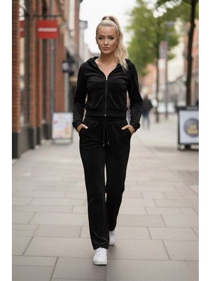 Kadın Kadife Rahat Kalıp Fermuarlı Üst Beli Lastikli Alt Ikili Takım Siyah