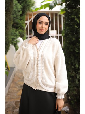 İmaj Butik Ekru Piliseli Taş Detaylı Angora Yumoş Triko Hırka