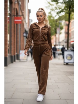 Kadın Kadife Rahat Kalıp Fermuarlı Üst Beli Lastikli Alt Ikili Takım Kahverengi