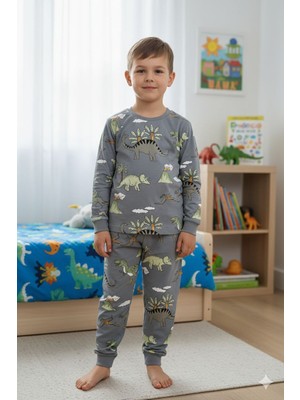Alkın Kids 3-13 Yaş Erkek Çocuk %100 Pamuklu Dinozor Desenli Uzun Kollu Pijama Takımı