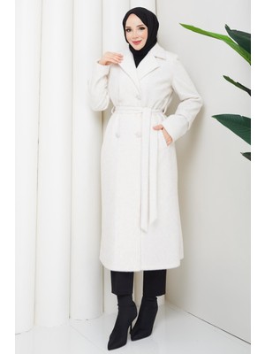 Günay Karaca Angora Kürk Kadın Kışlık Kaban Ekru Çift Düğme Kruvaze 2607