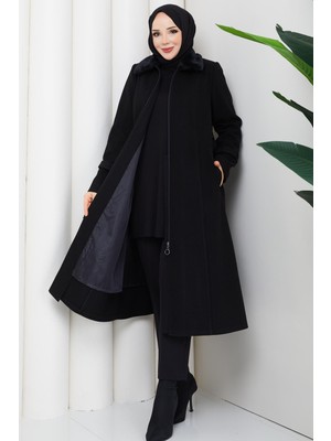 Günay Karaca Büyük Beden Kışlık Kaşe Kadın Kaban Siyah 2608
