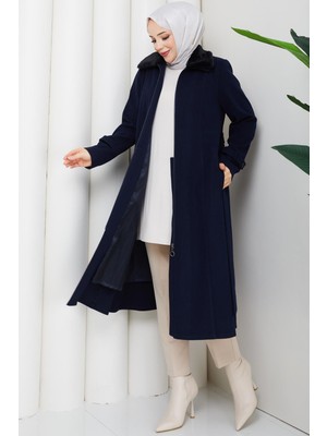 Günay Karaca Büyük Beden Kışlık Kaşe Kadın Kaban Lacivert 2608