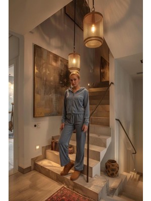 Kadın Kadife Rahat Kalıp Fermuarlı Üst Beli Lastikli Alt Ikili Takım Indigo