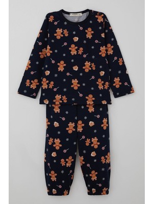 Breeze Erkek Bebek Pijama Takımı Yılbaşı Temalı Kurabiye Adam Desenli 9 Ay-3 Yaş, Lacivert