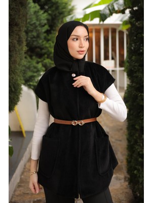 İmaj Butik Siyah Kemerli Astarlı Kaşe Yelek