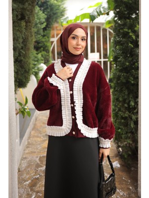 İmaj Butik Bordo Piliseli Taş Detaylı Angora Yumoş Triko Hırka