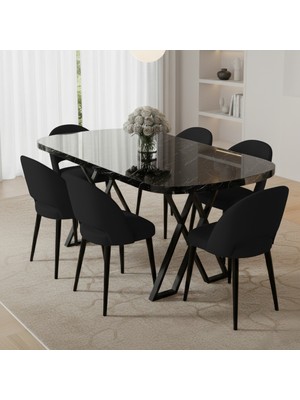 Canisa Arvon Serisi Mdf 90X168 Sabit Siyah Mermer Desen Mutfak Masa Takımı 6 Siyah Sandalye