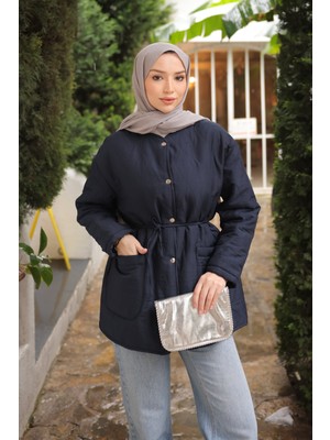 İmaj Butik Lacivert Kapitone Desenli Astarlı  Çıtçıtlı Ceket