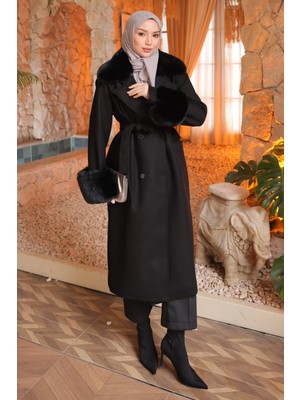 İmaj Butik Siyah Yaka Ve Kol Kürklü Astarlı Kaşe Kaban