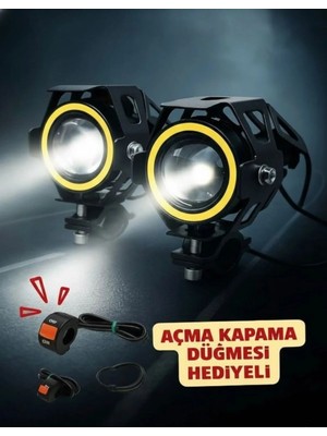 MOTORKİT MK Motosiklet Sis Farı LED Mercekli Uzun Kısa Çakarlı Siyah 2 Adet + Açma Kapama Düğmesi Set - Motorkit Mk