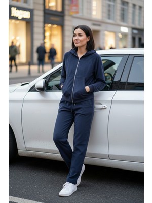 Kadın Kadife Rahat Kalıp Fermuar Detaylı Beli Lastikli Alt Üst Ikili Takım Lacivert