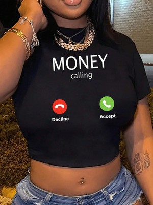 Afri Kadın Siyah Crop Tişört Money Calling Baskılı Telefon Temalı Kısa Tişört Streetwear