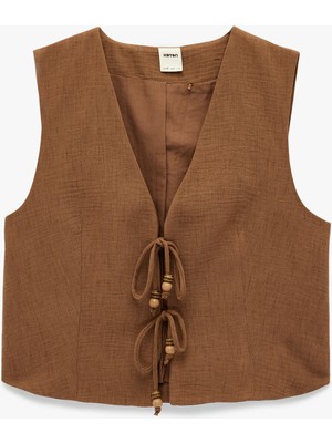 Koton Boncuk Detaylı Kolsuz V Yaka Crop Yelek