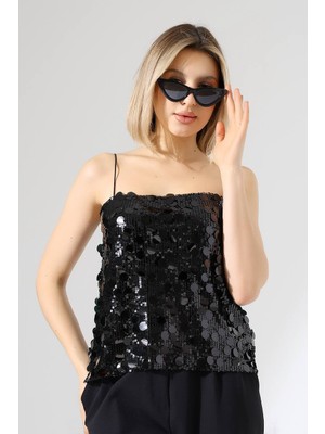 Cemo Gümüş Pullu Ince Askılı Bluz