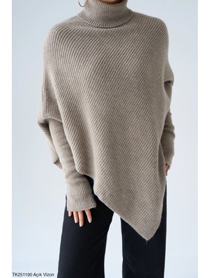 Cemo Asimetrik Kesim Balıkçı Yaka Triko Poncho Kazak